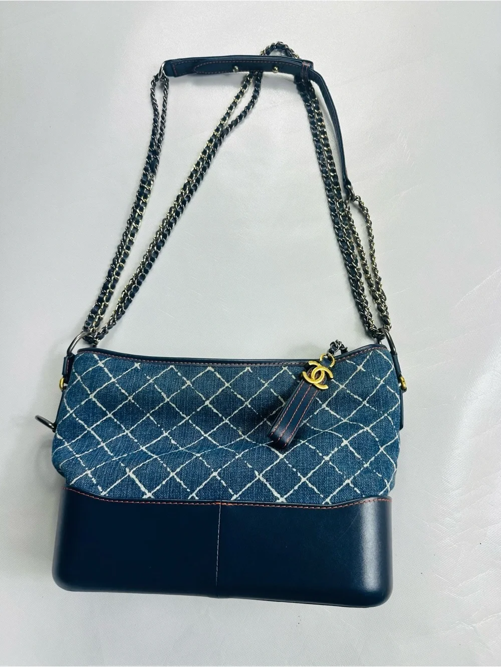 CHANEL Denim Quilted Shoulder Bag with Gold CC Charm